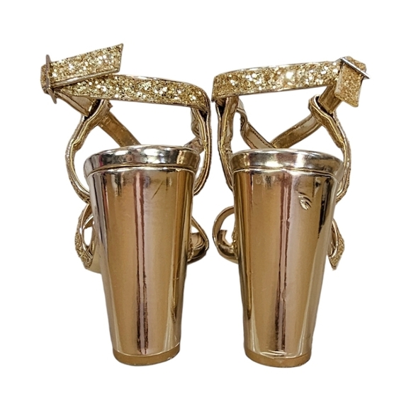Badgley Mischka Jewel Heels Sz 8 Gold Glitter Sparkle New Years Cocktail Strappy - Picture 8 of 12